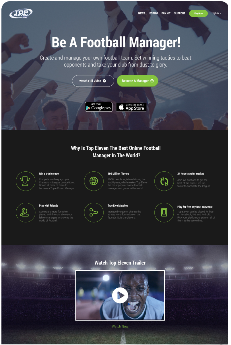 Top Eleven homepage — hero layout